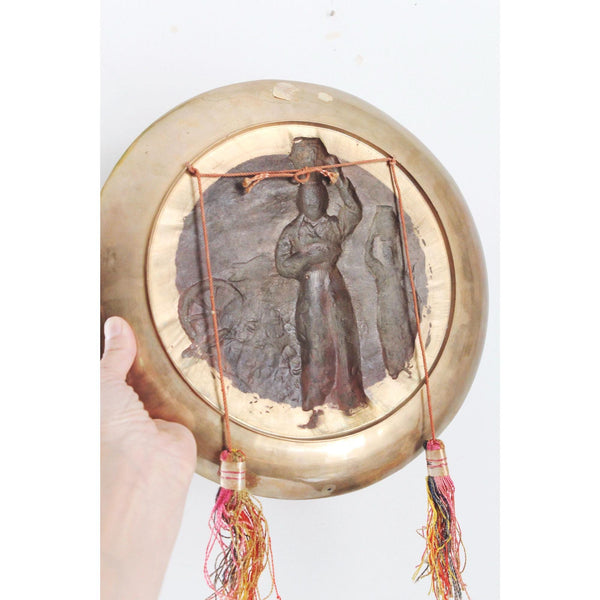 Vintage Korean Brass Wall Hanging Plate - Relief Women Rural Village Scene, Tassels