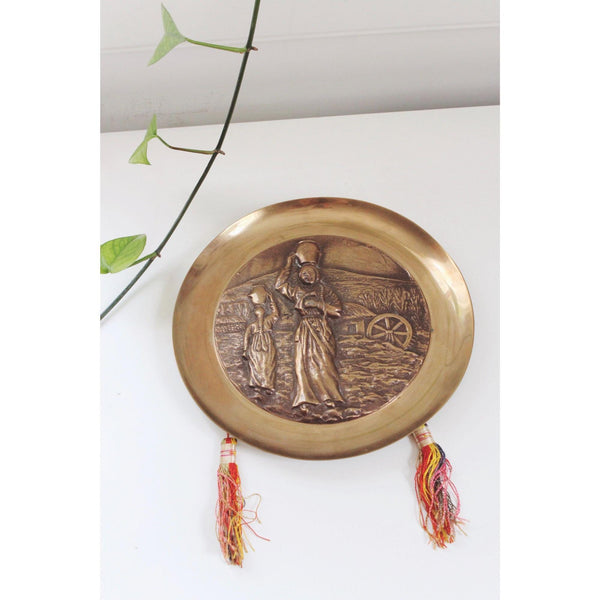 Vintage Korean Brass Wall Hanging Plate - Relief Women Rural Village Scene, Tassels