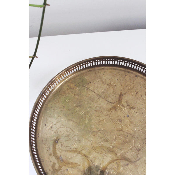 Vintage Brass Tray - Round Pierced Edge & Floral Engraved Design - Serving Tray