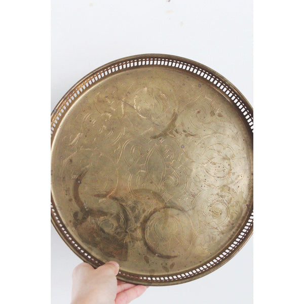 Vintage Brass Tray - Round Pierced Edge & Floral Engraved Design - Serving Tray