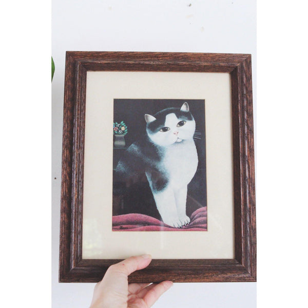Vintage Framed Cat Art Print by Martin Leman - Rustic Wooden Frame - Cottagecore, Farmhouse