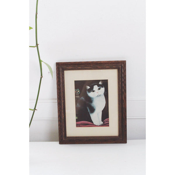 Vintage Framed Cat Art Print by Martin Leman - Rustic Wooden Frame - Cottagecore, Farmhouse