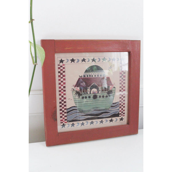 Vintage Noahs Ark Framed Folk Art Wall Decor - Red Wooden Frame - Cottagecore, Farmhouse