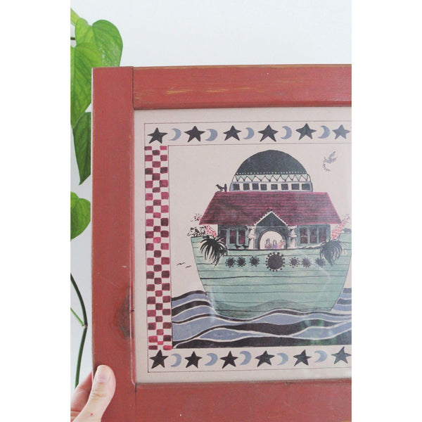 Vintage Noahs Ark Framed Folk Art Wall Decor - Red Wooden Frame - Cottagecore, Farmhouse