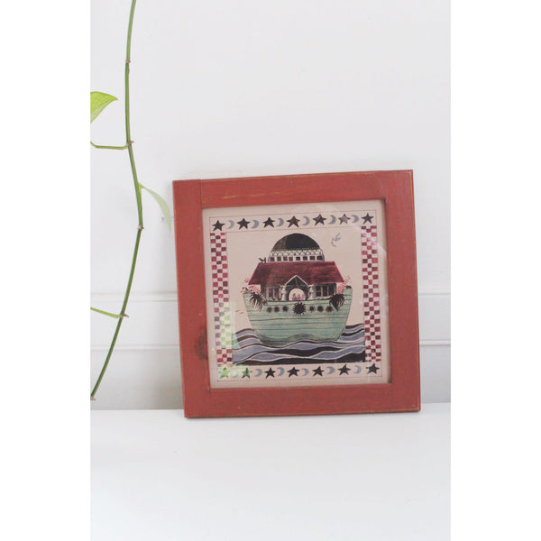 Vintage Noahs Ark Framed Folk Art Wall Decor - Red Wooden Frame - Cottagecore, Farmhouse