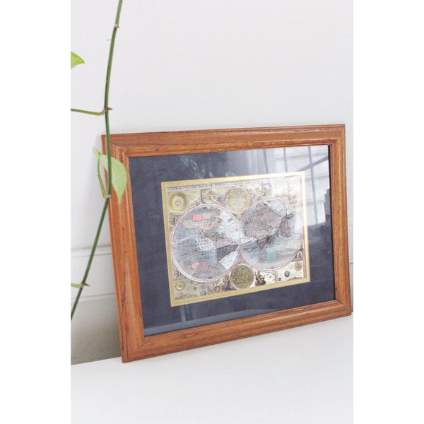 Vintage Framed 17th-Century World Map Reproduction - Wood Frame, Gold Foil Accents