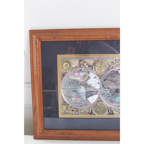 Vintage Framed 17th-Century World Map Reproduction - Wood Frame, Gold Foil Accents