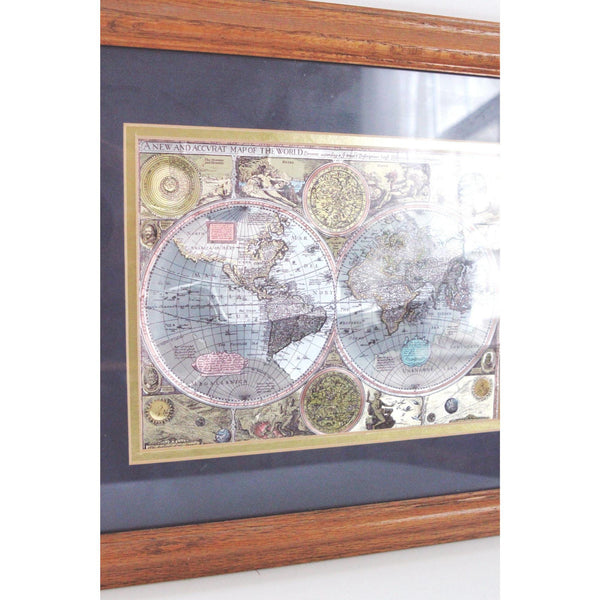 Vintage Framed 17th-Century World Map Reproduction - Wood Frame, Gold Foil Accents