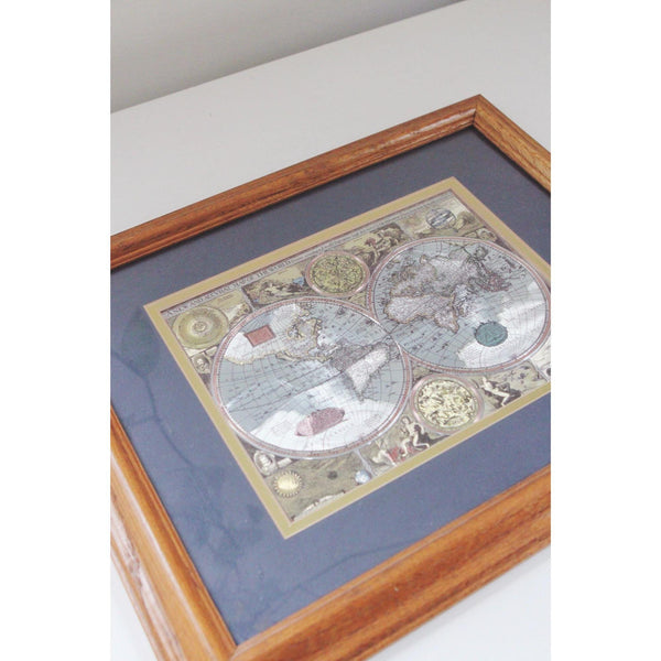 Vintage Framed 17th-Century World Map Reproduction - Wood Frame, Gold Foil Accents