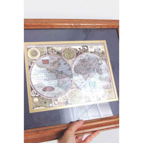 Vintage Framed 17th-Century World Map Reproduction - Wood Frame, Gold Foil Accents