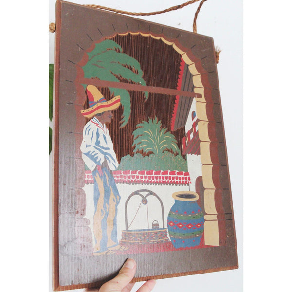 Vintage Hand-Carved Hand Painted California Spanish Mission Revival Redwood Plaque Painting