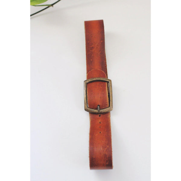Vintage Brown Leather Belt With Brass Buckle Antique Bronze Star Pattern S M