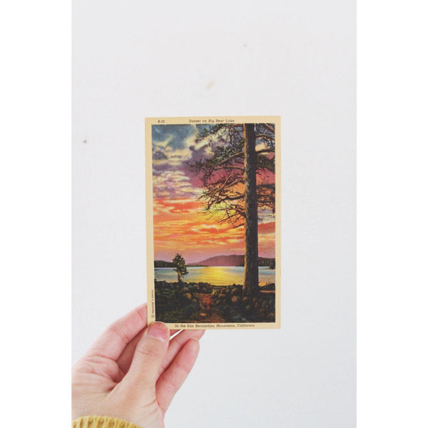 Vintage Big Bear Lake Postcard Sunset San Bernardino Mountains California Linen Era 1930s-1940s