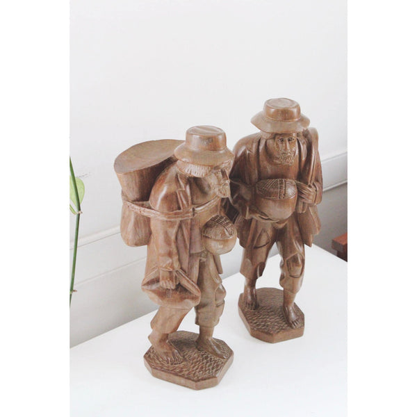 Vintage Hand-Carved Wooden Traveling Men Figurines - Vagabond Rustic Sculptures