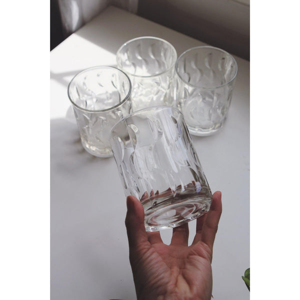 Vintage Clear Glass Tumblers Textured Wave, Crescent Moon or Half Moon Pattern, Set of 4 - Glasses, Mid Century