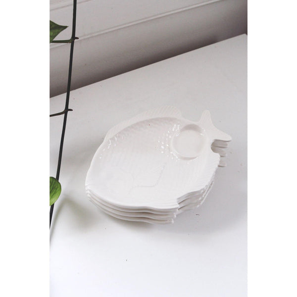 Set Of 4 Vintage Fish Plates - White Ceramic Textured Design - Coastal Decor, 1970s