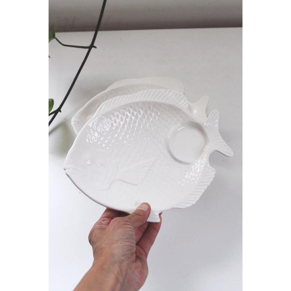Set Of 4 Vintage Fish Plates - White Ceramic Textured Design - Coastal Decor, 1970s