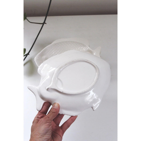 Set Of 4 Vintage Fish Plates - White Ceramic Textured Design - Coastal Decor, 1970s