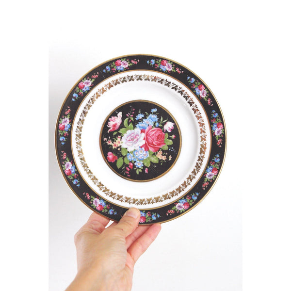 Vintage Floral Porcelain Salad Plates With Gold Trim - Set Of 8 - Black Pink & Blue Rose Design, Bavaria