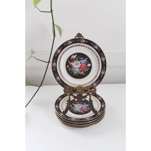 Vintage Floral Porcelain Salad Plates With Gold Trim - Set Of 8 - Black Pink & Blue Rose Design, Bavaria