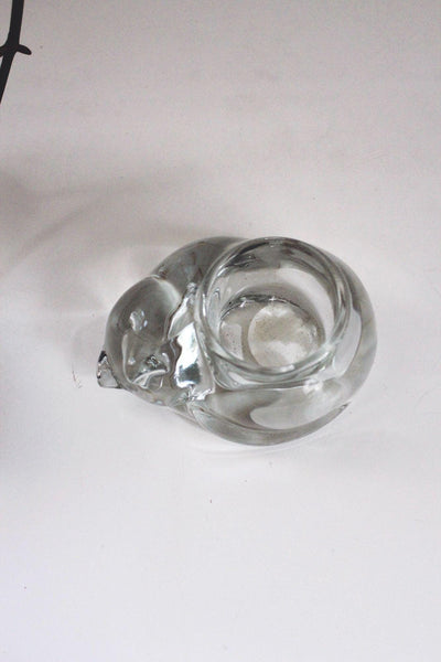 Vintage Indiana Glass Sleeping Cat Votive Candle Holder Figurine Paperweight Heavy