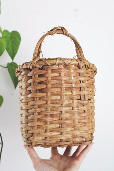 Vintage Hand Woven Wall Hanging Basket Pocket Splint Wood Farmhouse Rustic Boho