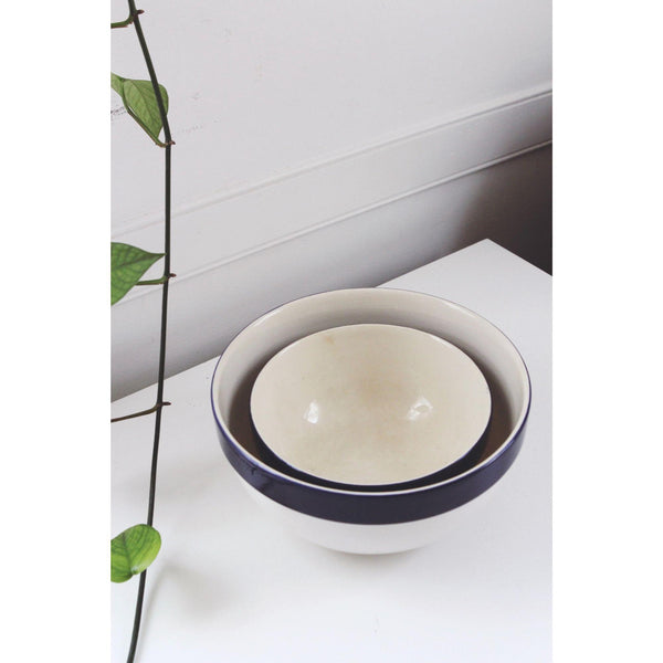 Stoneware Ceramic Mixing Bowls Set With Cobalt Blue Rim - BIA Cordon Bleu - Portugal, Set Of 2