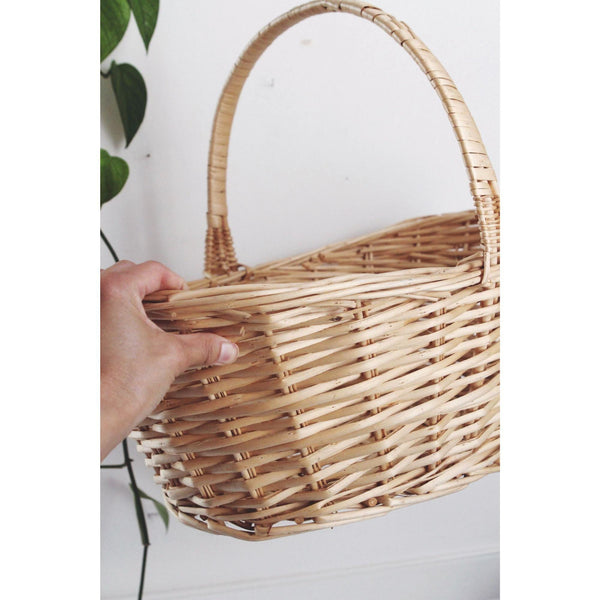 Vintage Handwoven Wicker Basket With Handle - Rustic Farmhouse Cottagecore