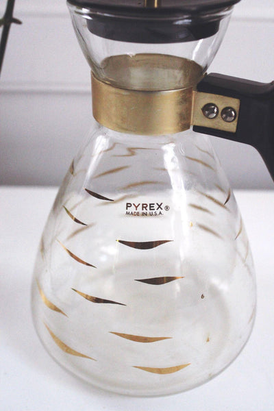 Vintage Pyrex Glass Coffee Carafe Mid Century Modern MCM Gold Wave Atomic Dash