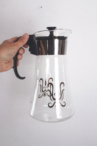 Vintage Pyrex Coffee Carafe Pot Glass Mid Century Modern Gold Fleur De Lis