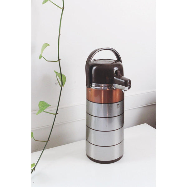 Vintage Peacock Vacuum Airpot - Japan Stainless Steel Coffee Thermos - Copper Accents, Handle