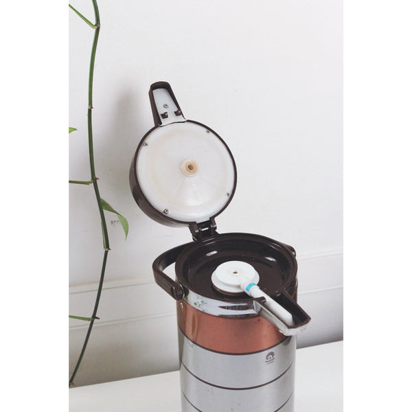 Vintage Peacock Vacuum Airpot - Japan Stainless Steel Coffee Thermos - Copper Accents, Handle
