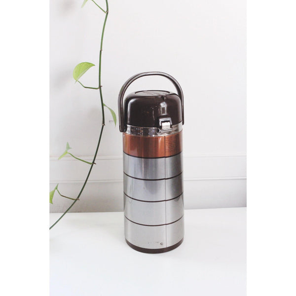 Vintage Peacock Vacuum Airpot - Japan Stainless Steel Coffee Thermos - Copper Accents, Handle