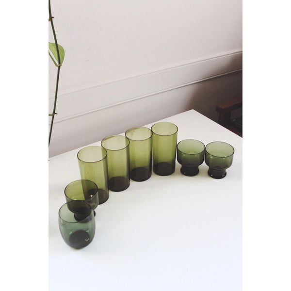 Vintage Green Glasses Set Of 8 - Mid-Century Modern Drinkware - Tall Tumblers, Small Goblets