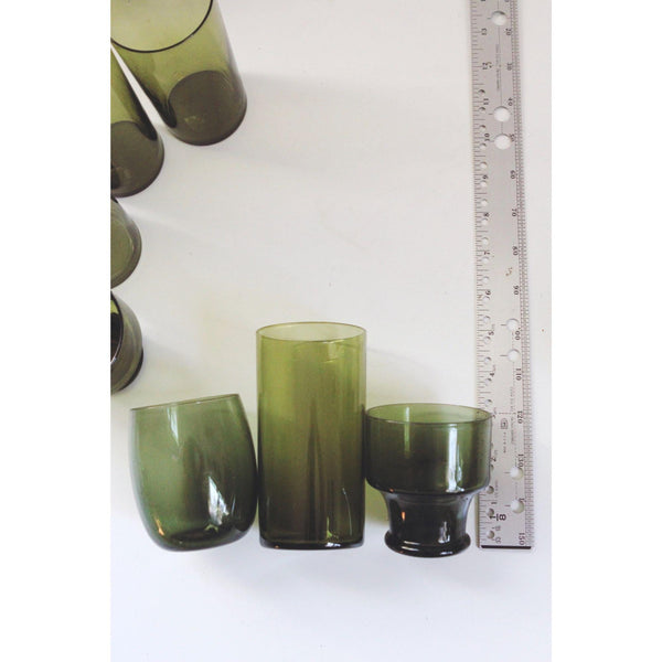 Vintage Green Glasses Set Of 8 - Mid-Century Modern Drinkware - Tall Tumblers, Small Goblets