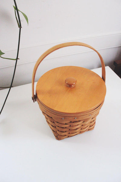 Vintage Longaberger Handwoven Basket With Wooden Lid & Handle Made In USA Signed 1987