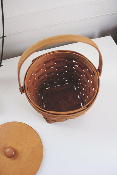Vintage Longaberger Handwoven Basket With Wooden Lid & Handle Made In USA Signed 1987