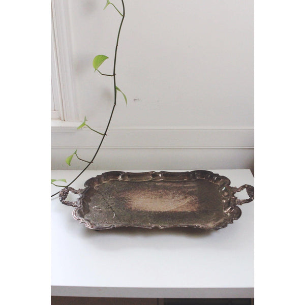 Vintage Silver-Plated Serving Tray With Handles & Scalloped Edges - Ornate Engraved Antique