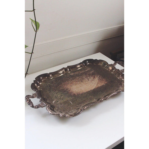 Vintage Silver-Plated Serving Tray With Handles & Scalloped Edges - Ornate Engraved Antique