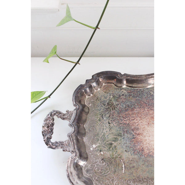 Vintage Silver-Plated Serving Tray With Handles & Scalloped Edges - Ornate Engraved Antique