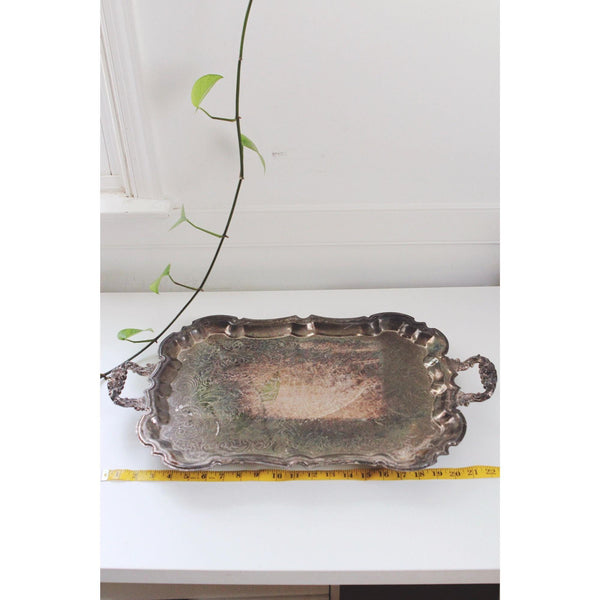 Vintage Silver-Plated Serving Tray With Handles & Scalloped Edges - Ornate Engraved Antique