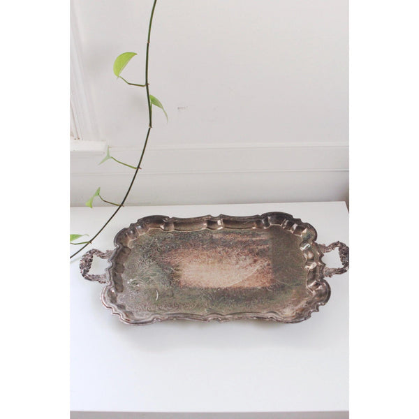 Vintage Silver-Plated Serving Tray With Handles & Scalloped Edges - Ornate Engraved Antique