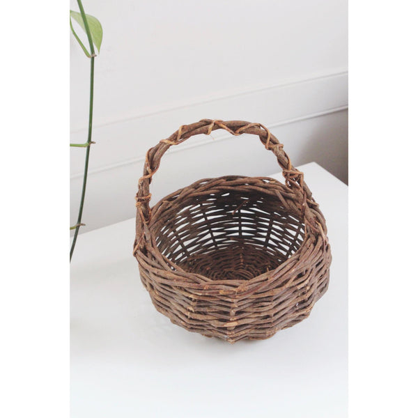Vintage Hand-Woven Wicker Basket With Handle - Twig Construction, Rustic Farmhouse