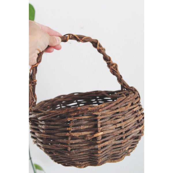 Vintage Hand-Woven Wicker Basket With Handle - Twig Construction, Rustic Farmhouse
