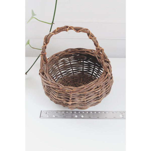 Vintage Hand-Woven Wicker Basket With Handle - Twig Construction, Rustic Farmhouse