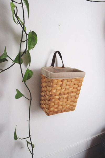 Vintage Handwoven Wall Hanging Basket Fabric Liner Leather Handle Storage Decor