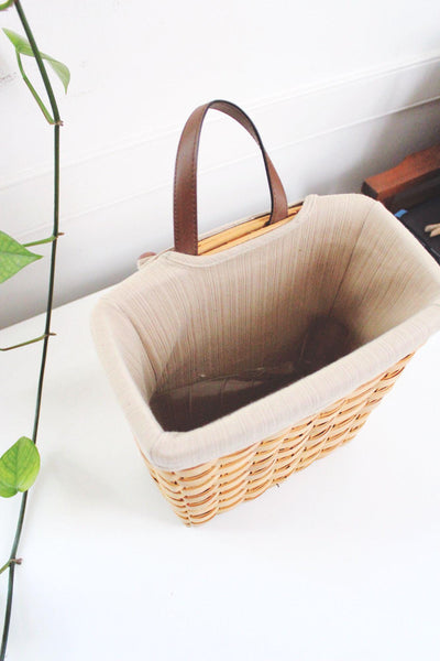 Vintage Handwoven Wall Hanging Basket Fabric Liner Leather Handle Storage Decor