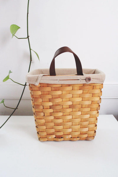 Vintage Handwoven Wall Hanging Basket Fabric Liner Leather Handle Storage Decor