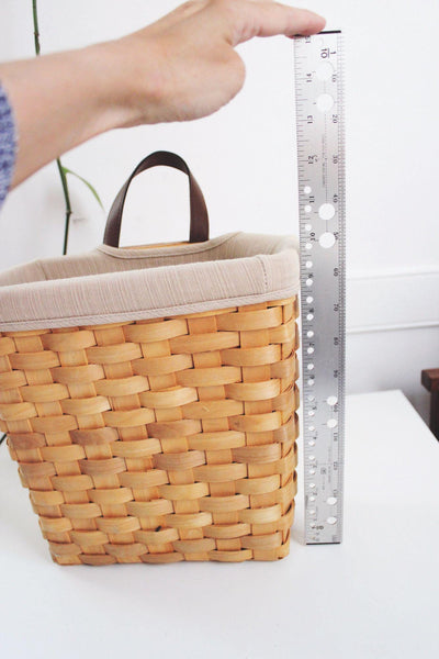 Vintage Handwoven Wall Hanging Basket Fabric Liner Leather Handle Storage Decor