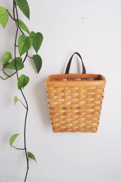 Vintage Handwoven Wall Hanging Basket Fabric Liner Leather Handle Storage Decor